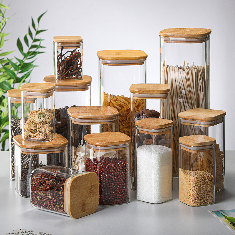 Meal Prep Glass Containers - Botol penyimpanan transparan dari kaca bambu,